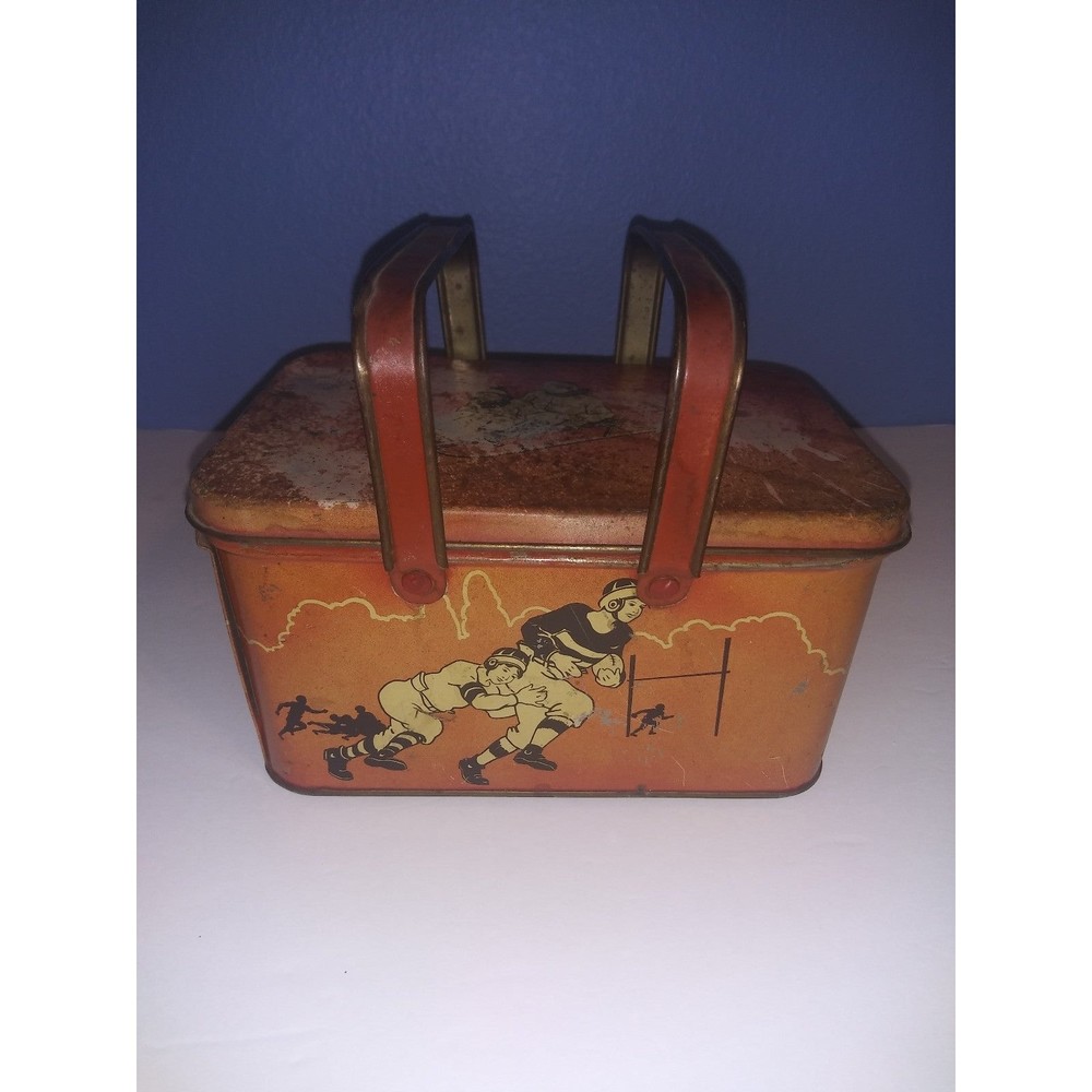 Decoware Metal Lunch Pail Box 1930's All Sport Football Baseball Sledder Skater